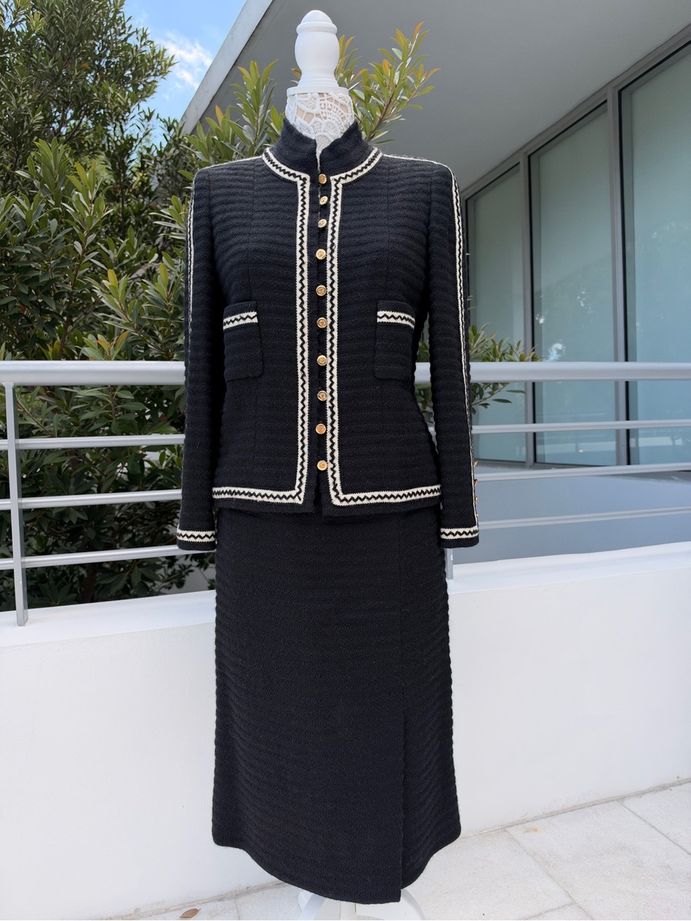 Vintage CHANEL Boutique Black Tweed Jacket & Maxi Skirt Suit Set Gold CC Buttons - Picture 3 of 14